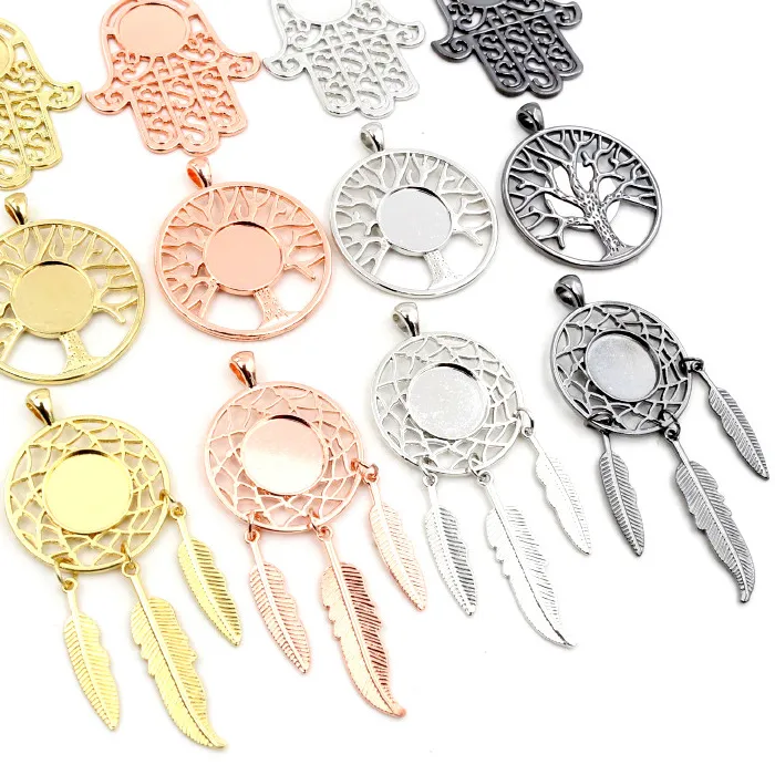 Authentic Fashion New 14mm Inner Size High Quality Rhodium Gold ColorTree Leaf Feather Wings Fame Style Cabochon Base Cameo Charms Pendant