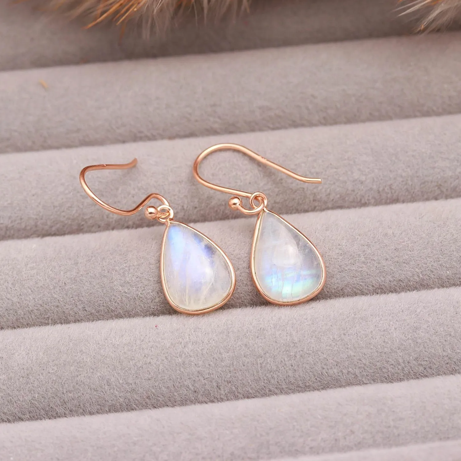 Authentic Ethereal Moonstone Pear Dangle Earrings in Radiant Rose Gold