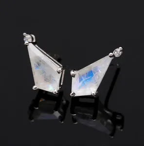 Authentic 100% Natural Moonstone Kite Stud Earrings 925 Sterling Silver Minimalist Jewelry