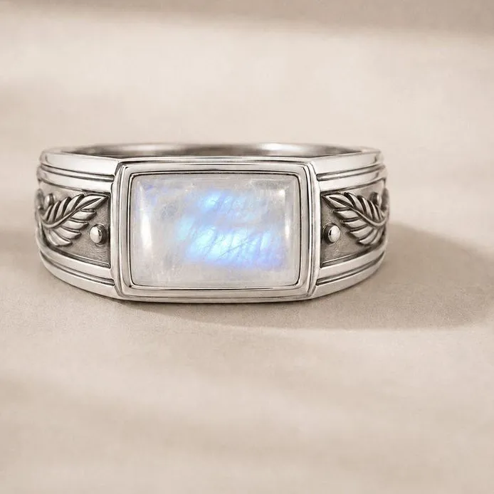 Authentic Moonstone Sterling Silver Signet Ring Vintage Leaf Engraved Ring Gift For Him