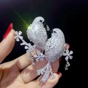 Authentic The Avian Duet Moissanite Brooch in Radiant 14K White Gold