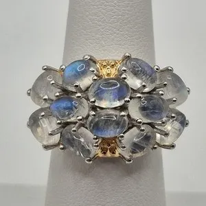 Authentic Modern Sterling Silver 925 Gold Plated Accent Rainbow Moonstone Cluster Ring