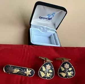 Authentic Cloisonné Celestial Birds & Blossoms: 24k Gold‑Plated Cufflinks & Tie Bar Set