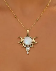 Authentic Celestial Five‑Moon Goddess Pendant – Moonstone & Diamond in 14K Gold