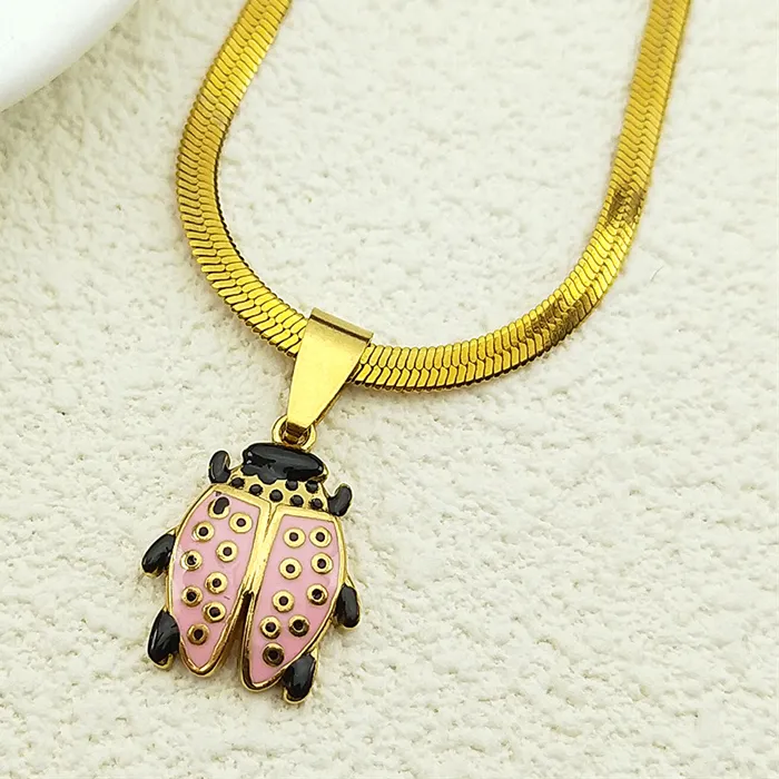 Authentic Three Lovely Ladybug Pendant Necklace Gold Color Enamel Insect Summer Chain Jewelry
