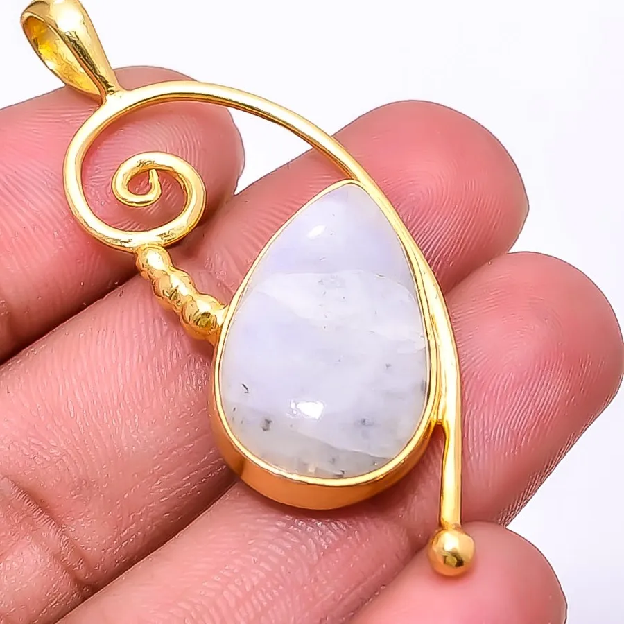 Authentic Rainbow Moonstone - India Gold Plated 925 Sterling Silver Pendant 2.07" P28