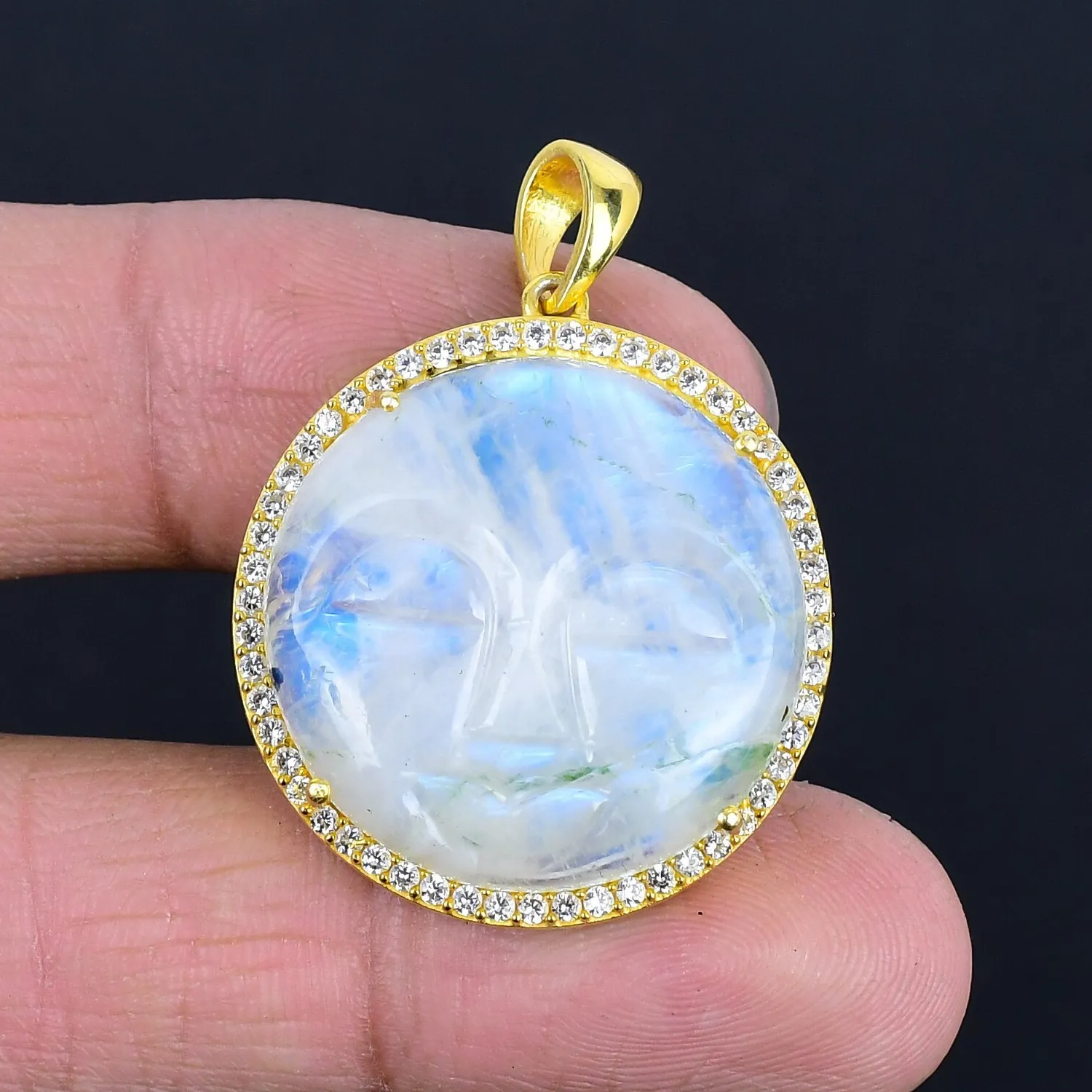 Authentic 925 Sterling Silver Rainbow Moonstone CZ Gold Plated Moon Face Pendant Necklace