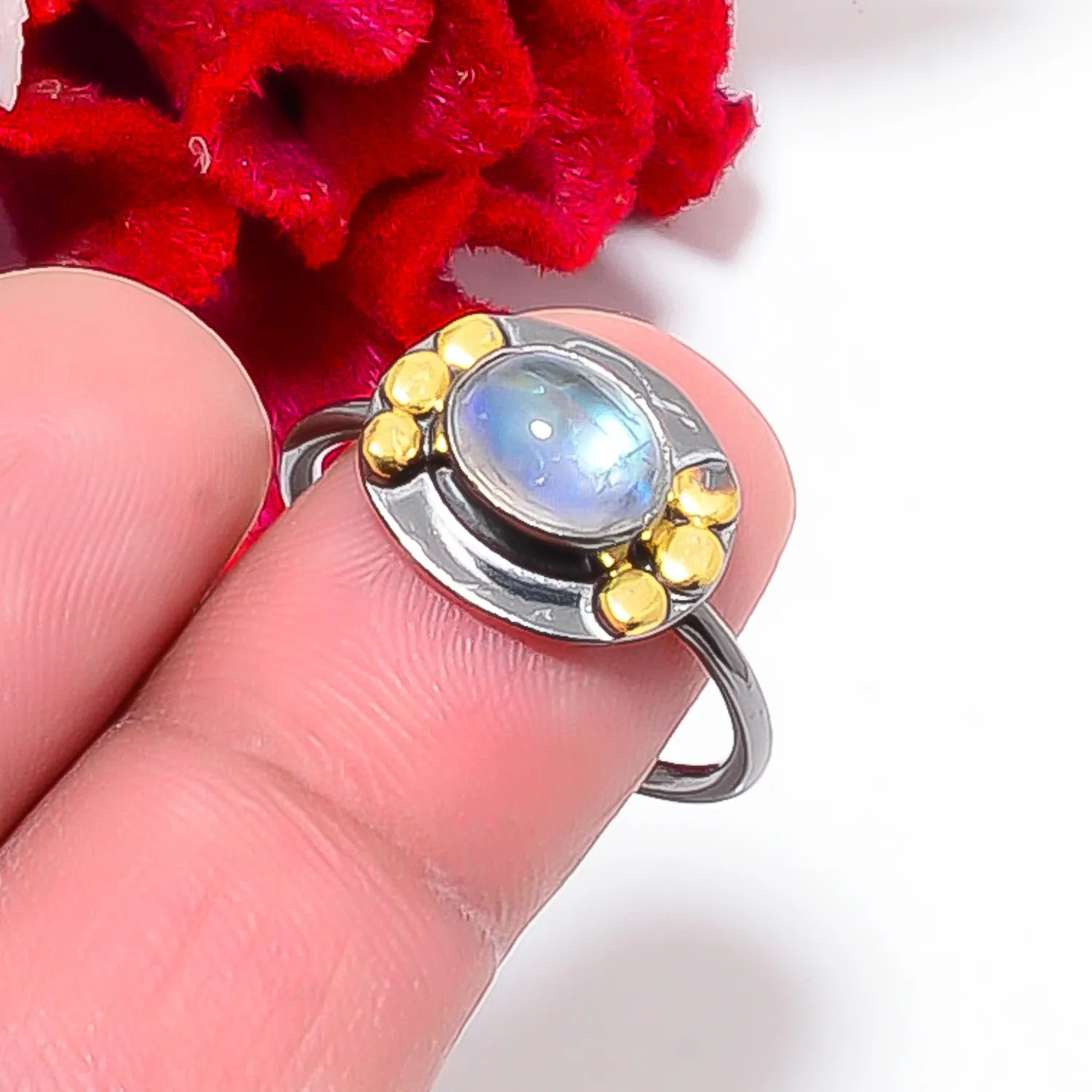 Authentic Rainbow Moonstone Black And Gold Plated 925 Sterling Silver Ring S.8.5 R84413