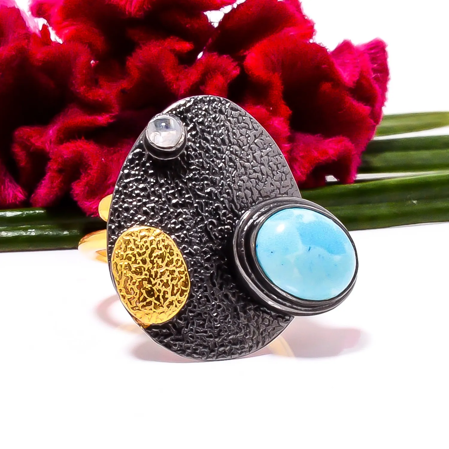Authentic Larimar, Rainbow Moonstone Gold Plated 925 Sterling Silver Ring s.7.5 Sku31
