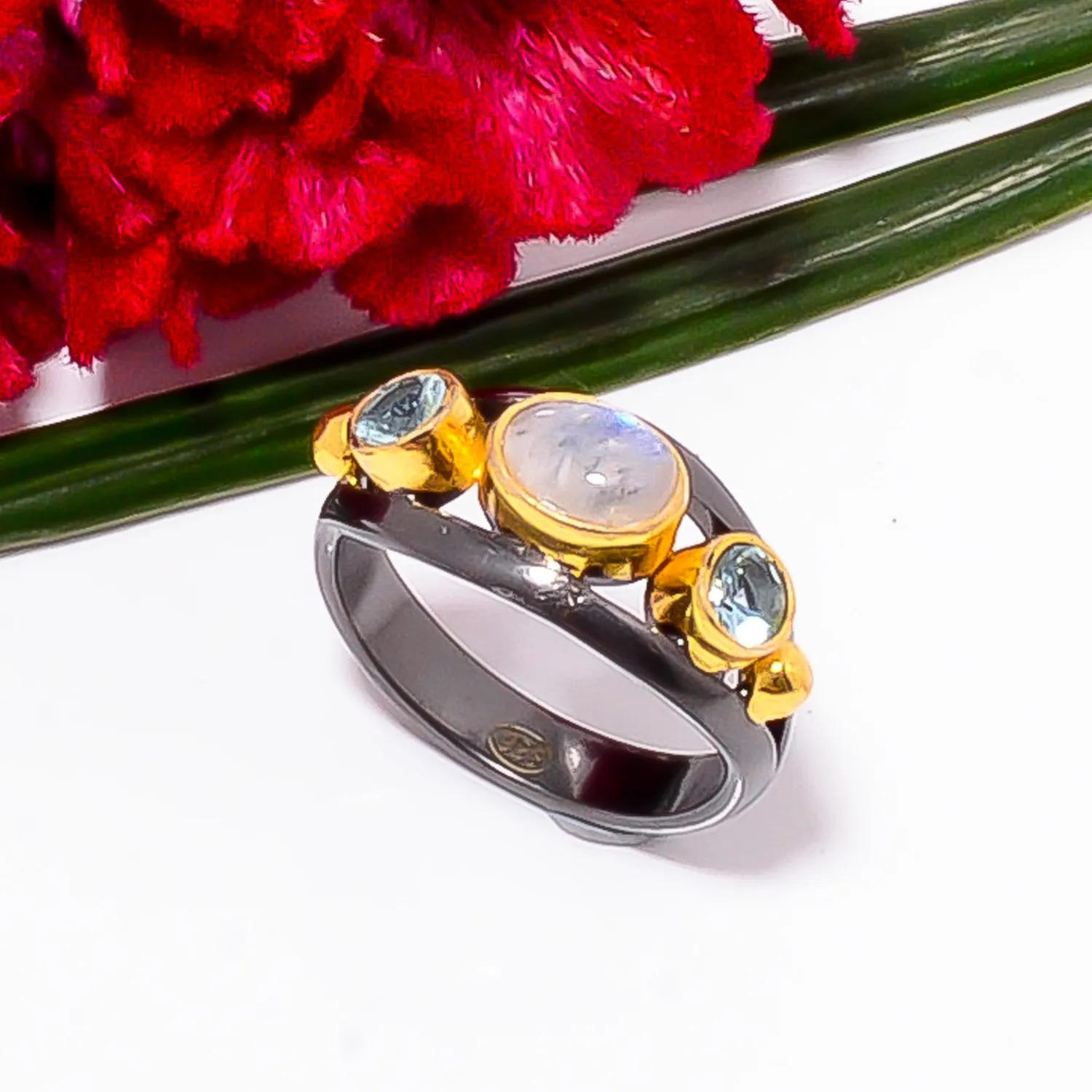 Authentic Rainbow Moonstone, Aquamarine Gold Plated 925 Sterling Silver Ring s.7 Sku28