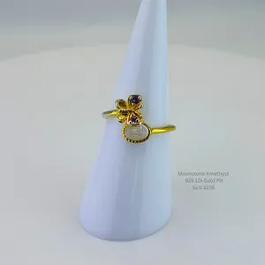 Authentic Natural Moonstone Amethyst Butterfly Ring 925 Sterling Silver 12K Gold Plated