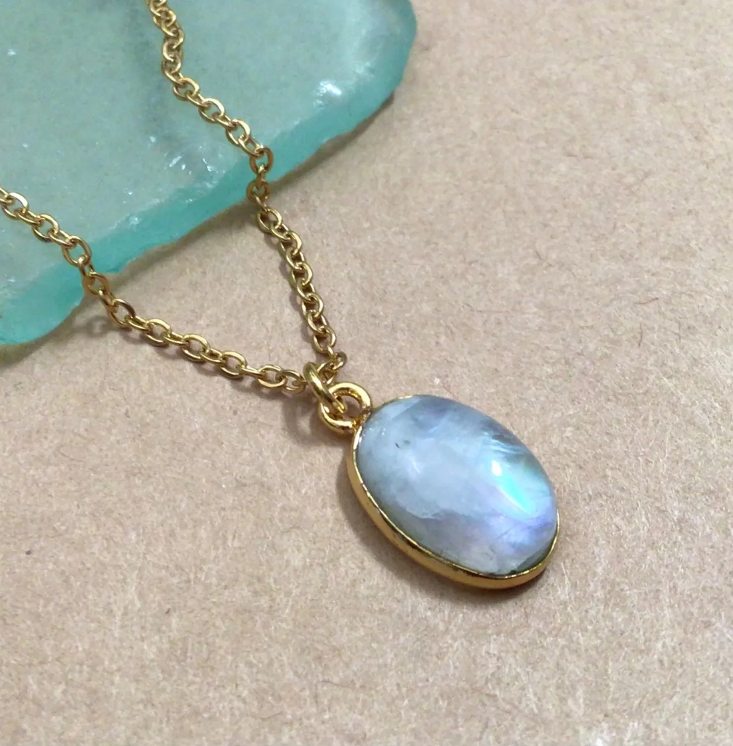Authentic NATURAL MOONSTONE ARTISAN HANDMADE SUNDANCE CHARM NECKLACE GOLD PLATED JEWELRY