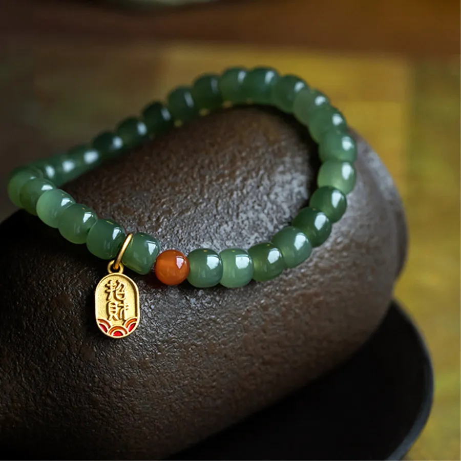Authentic Natural Hetian Jade Bead Bracelet Women Buddha Beads With Red Agate Chinese Style Pendant Handmade Simple Luxury Jewelry