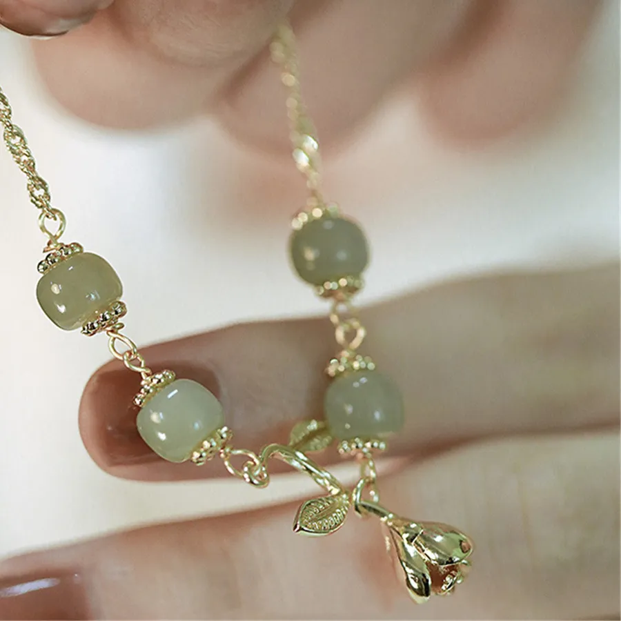 Authentic Natural Hetian Jade Chain Female Bracelet Ins Niche Design Trendy Adjustable Cute Rose Flower Gold Filled Jewelry Birthday