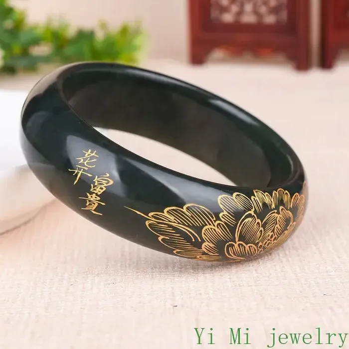 Authentic Natural Genuine Hetian Jade Hand Traced Gold Ladies Bracelet High Quality Deluxe Charm Bracelet Jewelry Holiday Birthday Gift