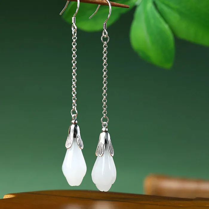 Authentic White Real Jade Flower Earrings Stone Gifts Women Accessories Luxury Lucky Natural Jewelry Gemstone Charm Designer Energy