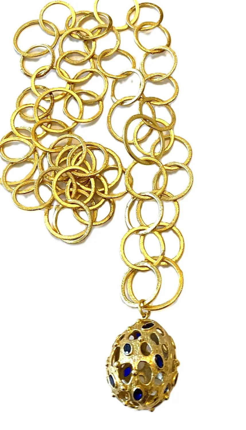 Authentic POMEGRANATE PENDANT NECKLACE - Gold plated link chain. Blue Crystal Accents.