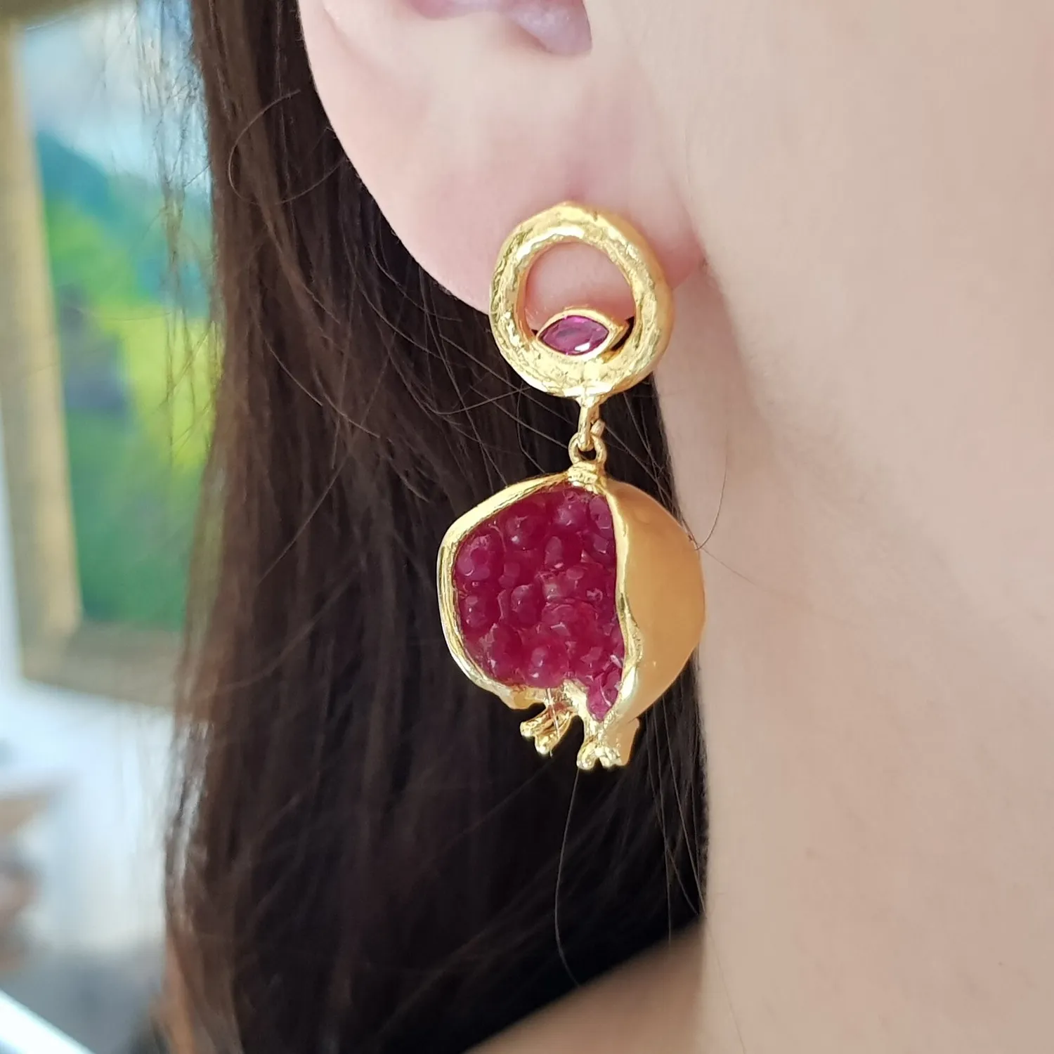 Authentic Pomegranate earrings. 22k Gold plated with semiprecious stone.
