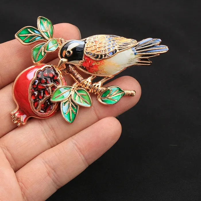 Authentic Bird & Pomegranate Enamel Brooch Pin Gold Plated Lapel Badge