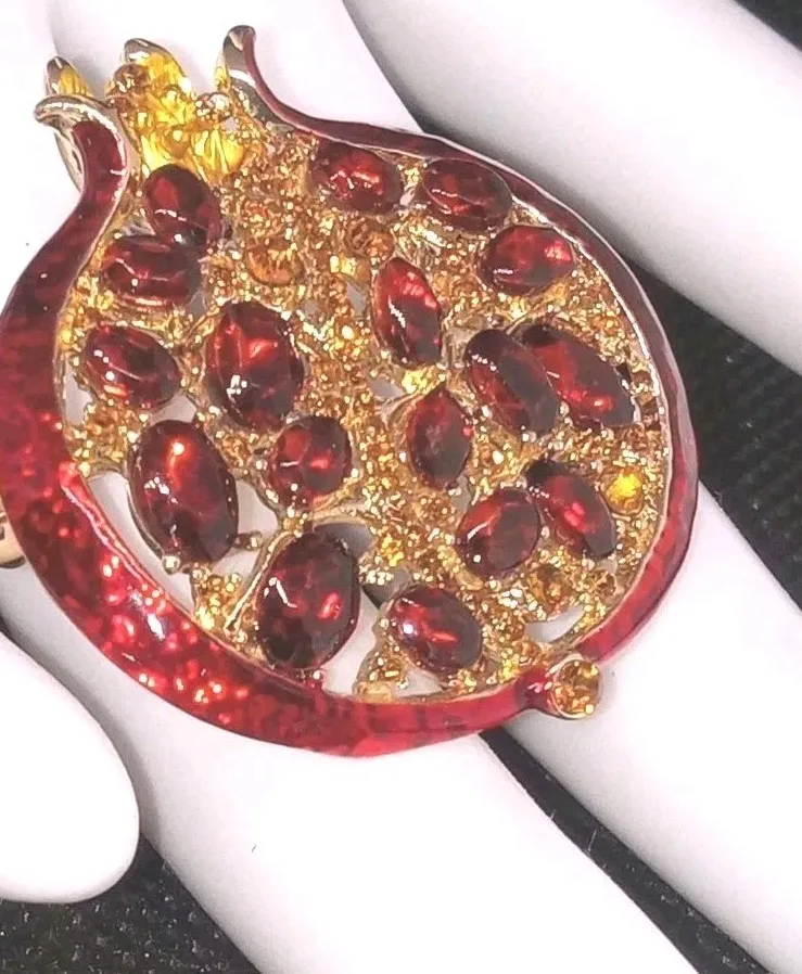 Authentic Gold Plated Red Cubic Zirconia CZ Enamel Pomegranate Fruit Brooch Pin NWOT '25