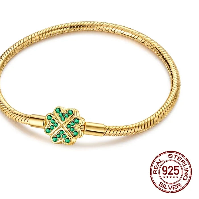 Authentic 925 Sterling Silver 17-20CM Golden Four-Leaf Clover Snake Chain Bracelet Lucky Safety Chain Fit DIY Charms Beads Women Jewelry