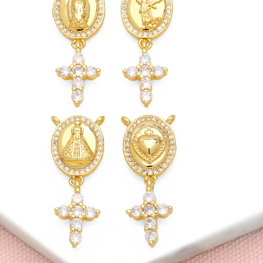 Authentic Ocesrio Boho White Crystal Cross Pendant For Necklaces Gold Plated Virgin Mary Heart Jewelry Making Supplies Pdtb464