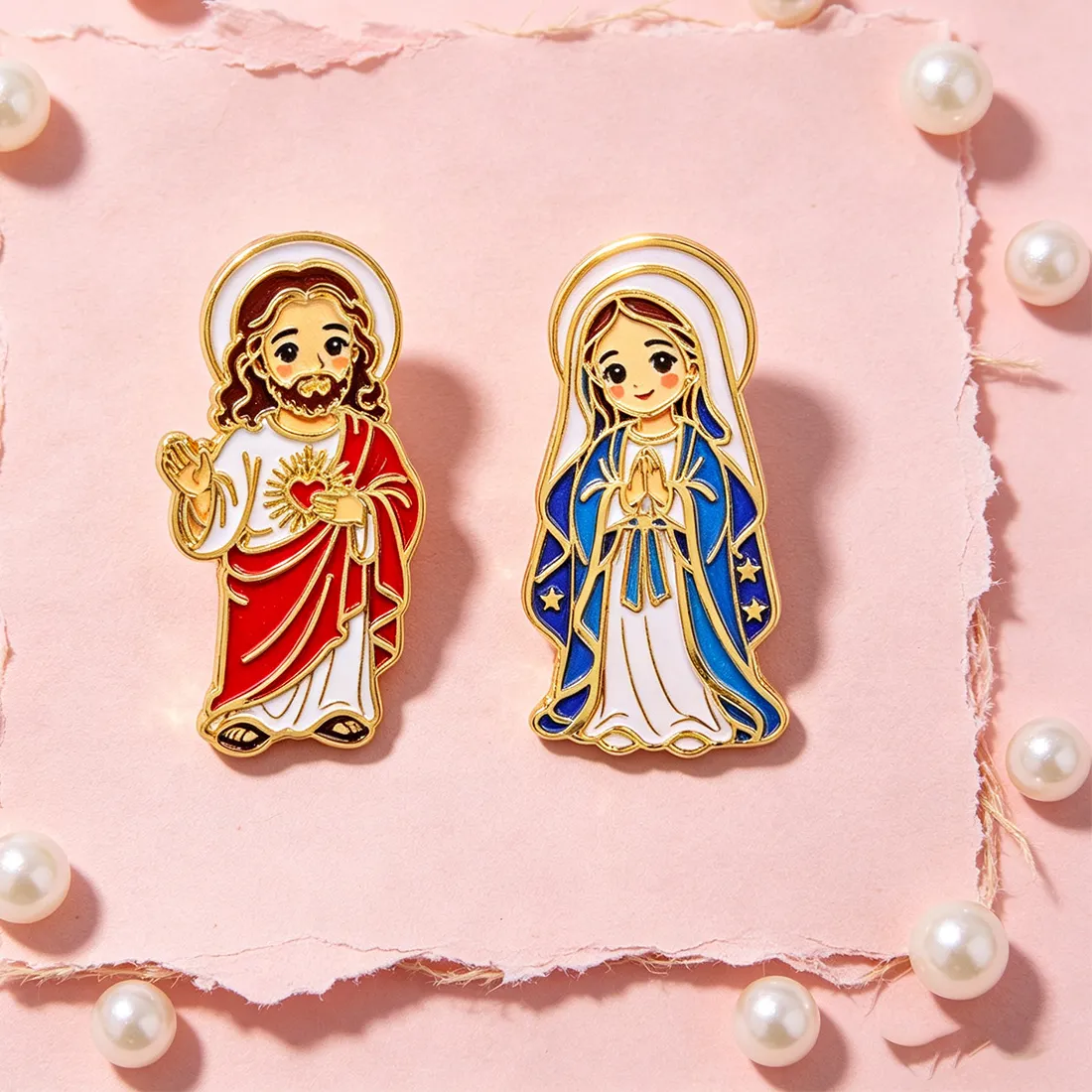 Authentic Sanctified Duo: The Sacred Heart and Divine Mother Enamel Talismans