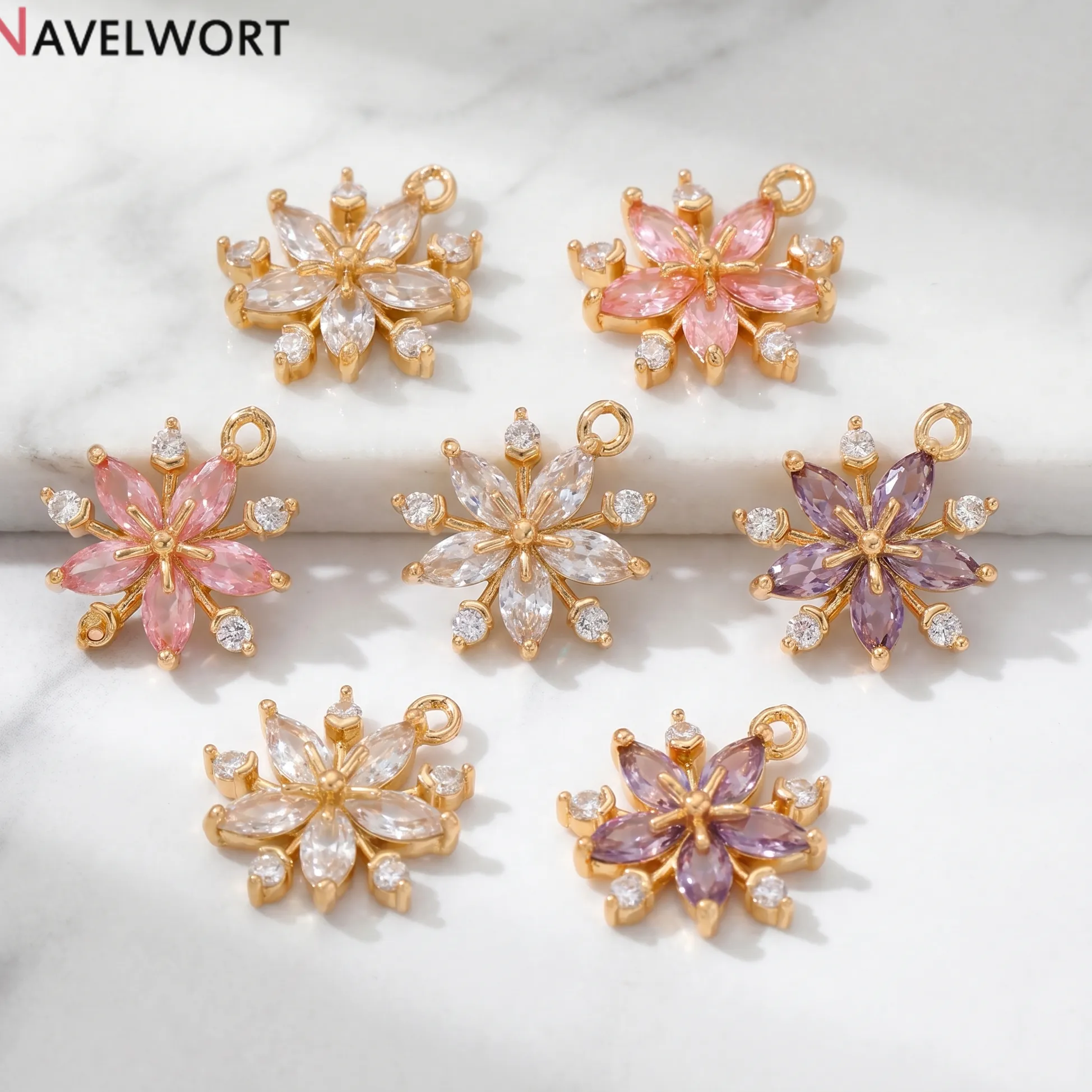 Authentic 18K Gold Plated Brass Metal Inlaid Zircon Flower Shape Snowflake Charms Pendants Earring Charms,DIY Jewelry Materials