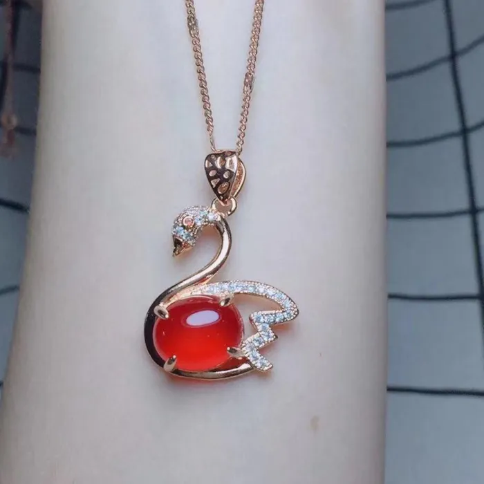 Authentic Jewelry Necklace S925 Silver Gold Inlaid High Little Jade Jadeite Agate Chalcedony Swan Pendant
