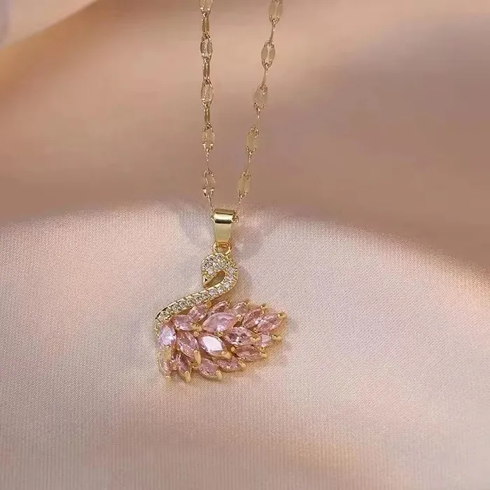 Authentic Exquisite Full Crystal Pink Swan Pendant Necklace for Women Luxury Gold Color Collar Korea Jewelry Colorfast