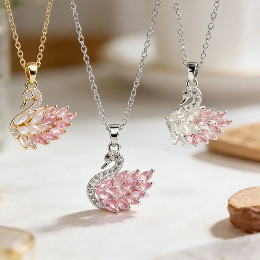 Authentic Chic Gold Silver Plated Swan Pendant Necklace With Pink Clear CZ Dainty Elegant Jewelry Charms Pendant For Women Birthday