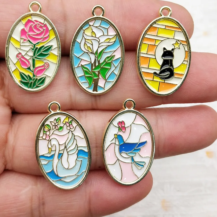 Authentic 10pcs Flower Cat Swan Bird Charm Jewelry Accessories Diy Making Enamel Necklace Earring Pendant Keychain Metal Gold Plated