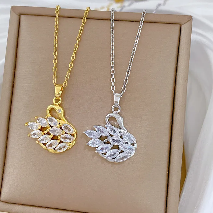 Authentic Luxury Classic Gold Color Full Crystal Swan Pendant Necklace for Women Temperament Bride Party Collar Jewelry