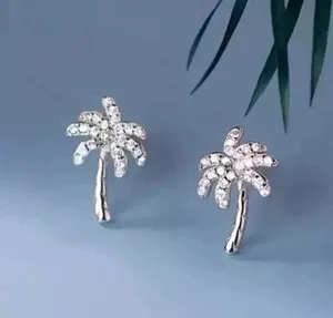Authentic Celestial Palm Tree Stud Earrings in Radiant Gold-Plated 14K White Gold with Lab-Created Diamonds