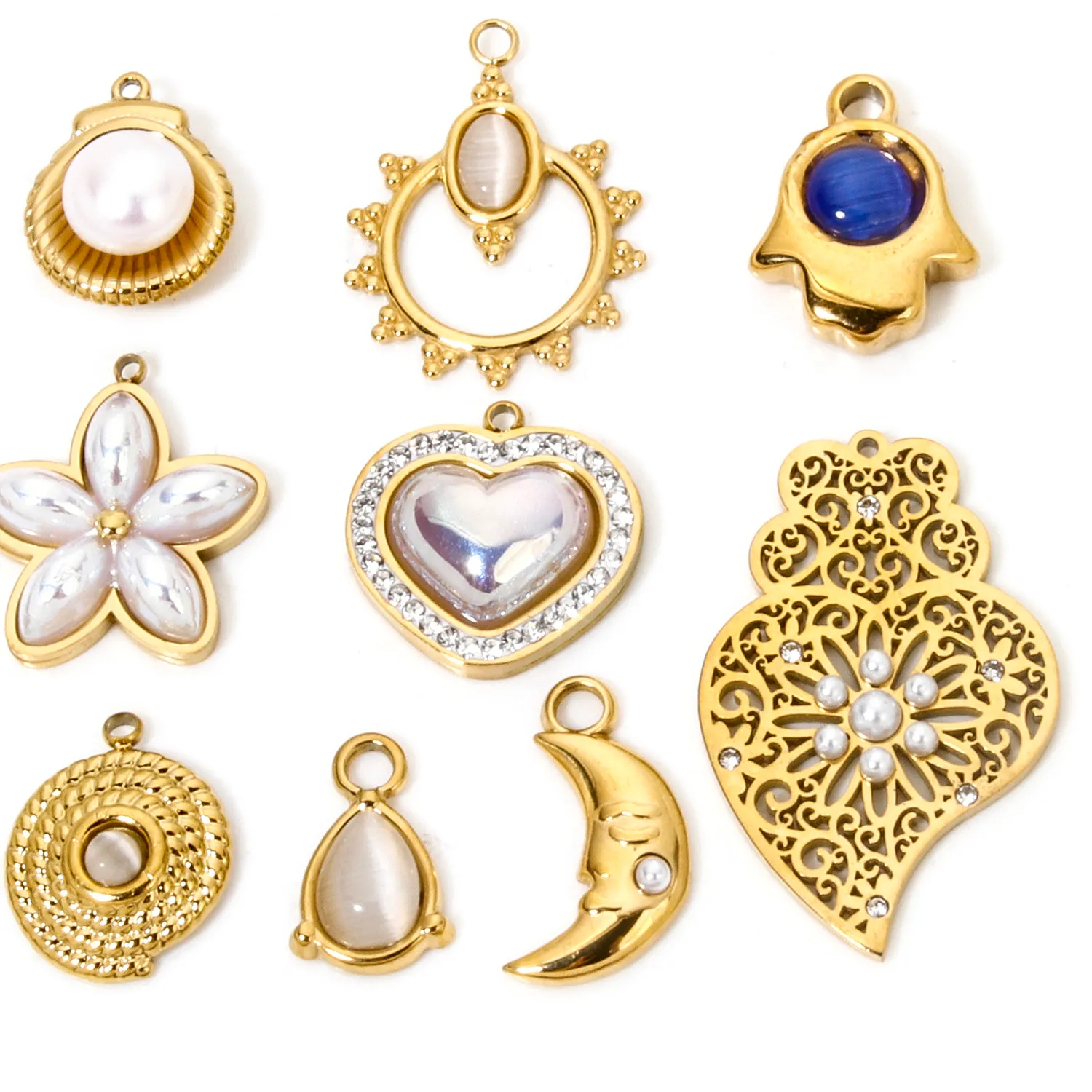 Authentic 1 Piece Stainless Steel Charms Gold Plated Heart Filigree Shell Imitation Pearl Moon For Jewelry Making DIY Necklace Bracelet