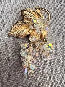 Authentic Crystal Beaded Grapes Brooch Statement Gold Plated Leaf AB Dangle Clusters A7