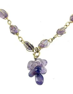 Authentic Vintage 70's Amethyst Tumbled Caged Stones Gold Plated Necklace Grapes Drop 25"