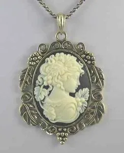 Authentic Lady with Grapes Cameo 40X30 mm Necklace with 18" Chain Antiqued Gold Plated