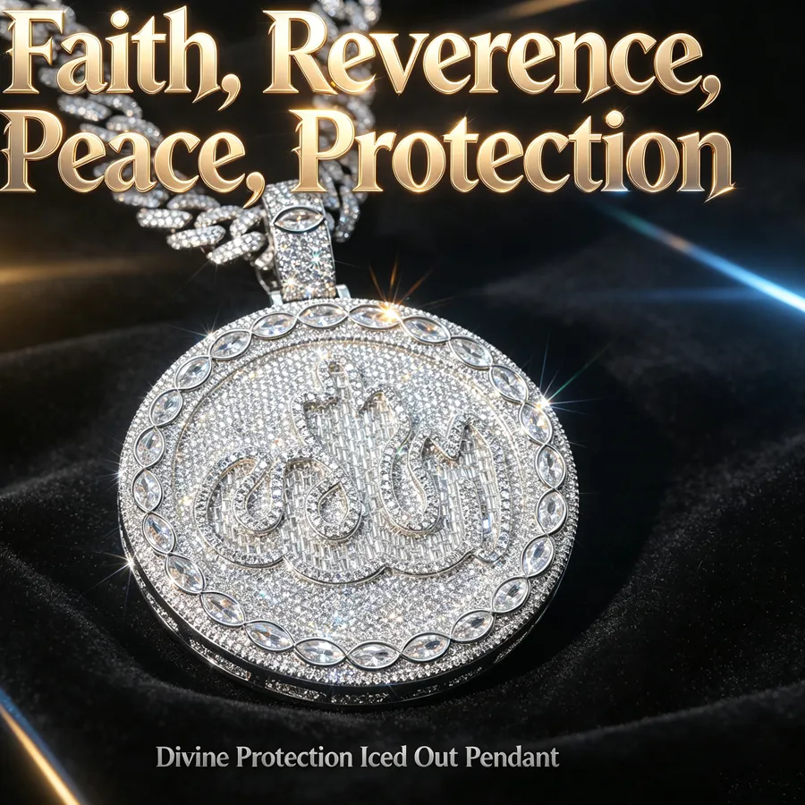 Authentic 18K Gold Plated Round Allah Zircon Pendant Islamic Hip Hop Jewelry Micro Pave Marquise Stone For Faith Reverence Peace Protection Street Rap For Muslim Friends Rappers Fine Jewelry Iced Out Cuban Chain Necklace Accessories