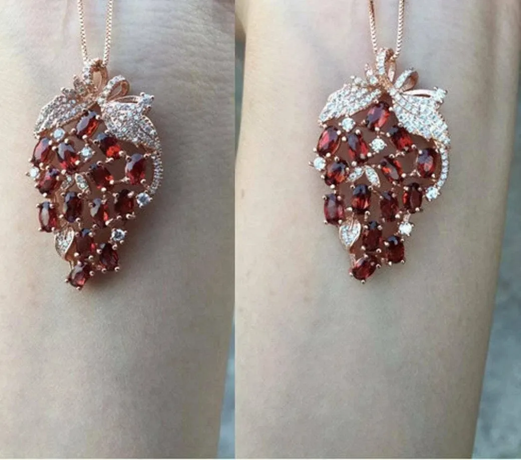 Authentic 2Ct Oval Cut Red Garnet Grapes Shaped Pendant 14K Rose Gold Plated Free Chain