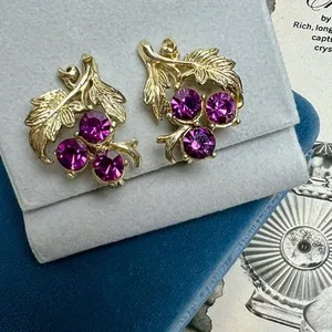 Authentic Celestial Harvest: 1940s Gold-Plated Amethyst Leaf & Vine Clip-On Earrings