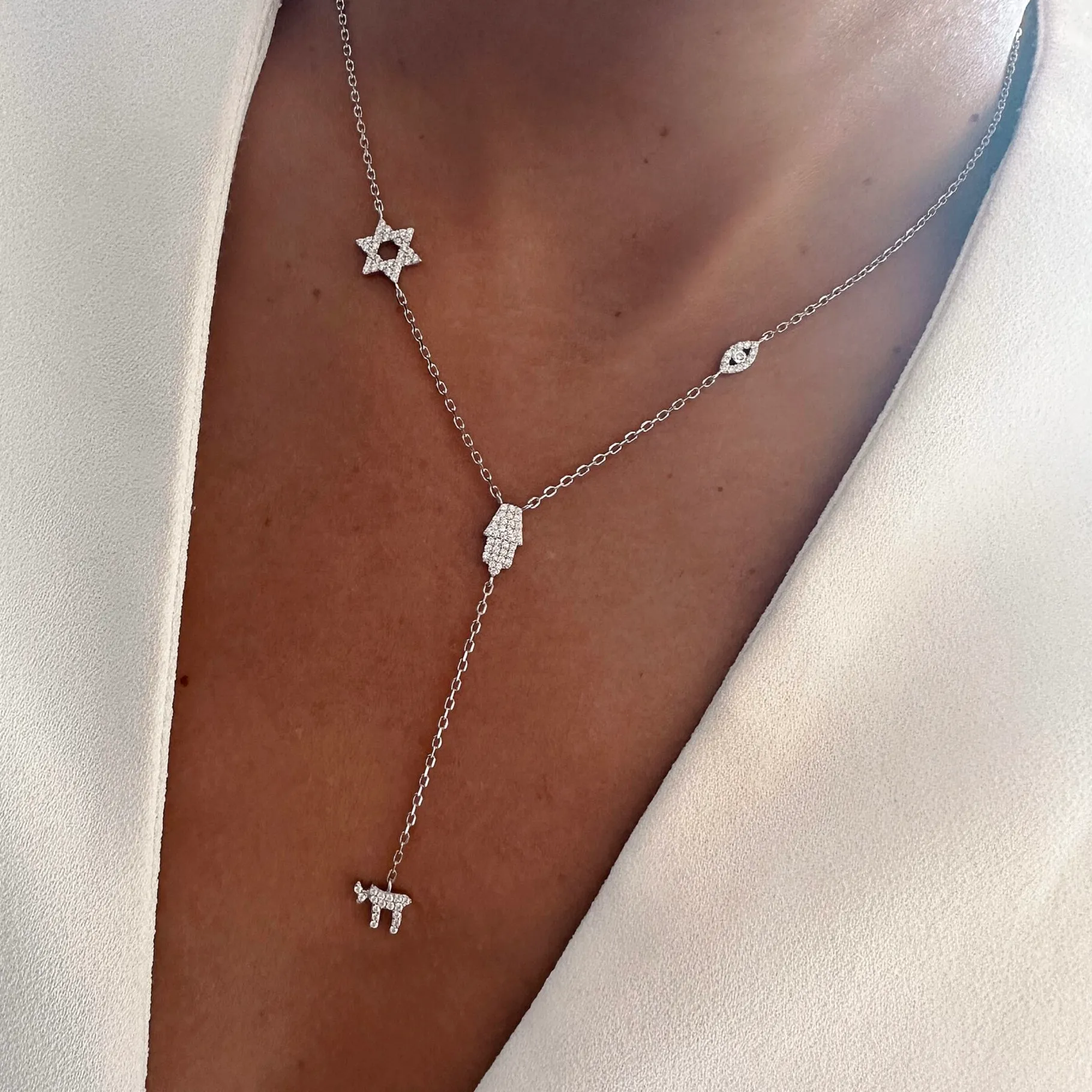 Authentic Lucky Cz Star Eye Hand Chai Lariat Y Necklace Amulet Judaism Sign Of Life Gold Color Jewelry