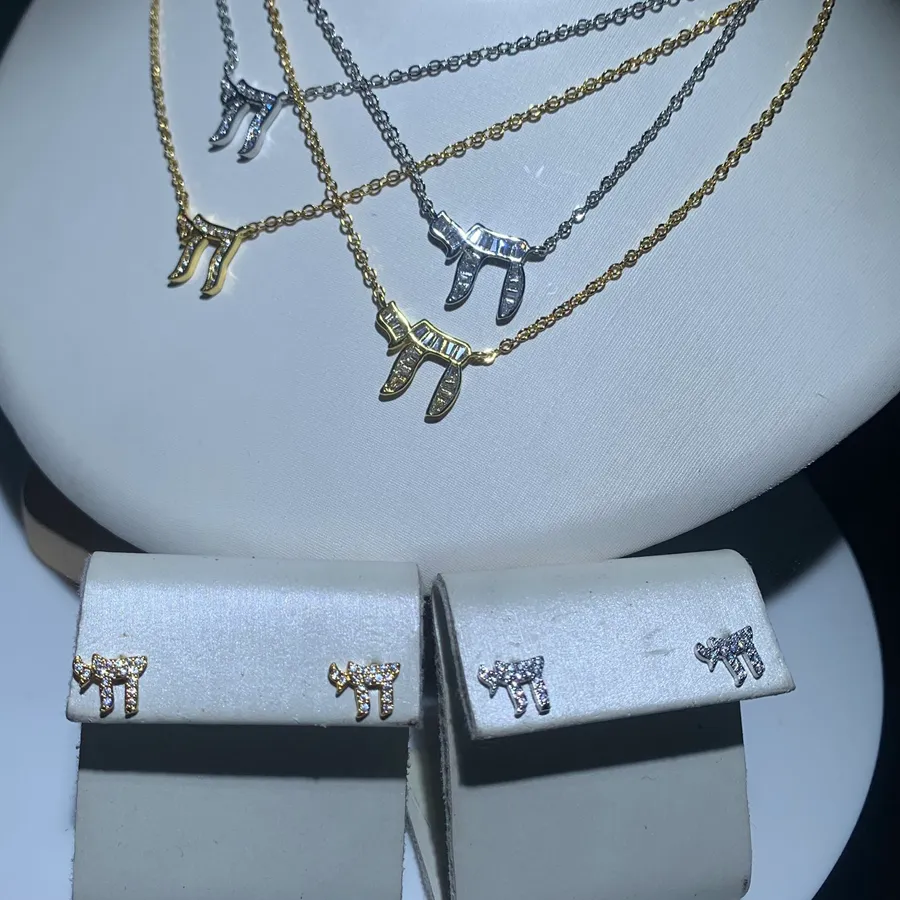 Authentic Minimal Delicate Gold Color Small Cute Lovely Micro Paved Chai Charm Earring Necklace Sign of Life Jewelry Set
