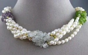 Authentic Pearl of Serenity: 14K Gold Plated Water Pearl Multi-Gem Necklace
