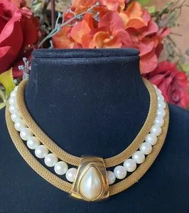 Authentic Mystical Aura of Elegance: Vintage Gold Plated Pearl Collar Necklace