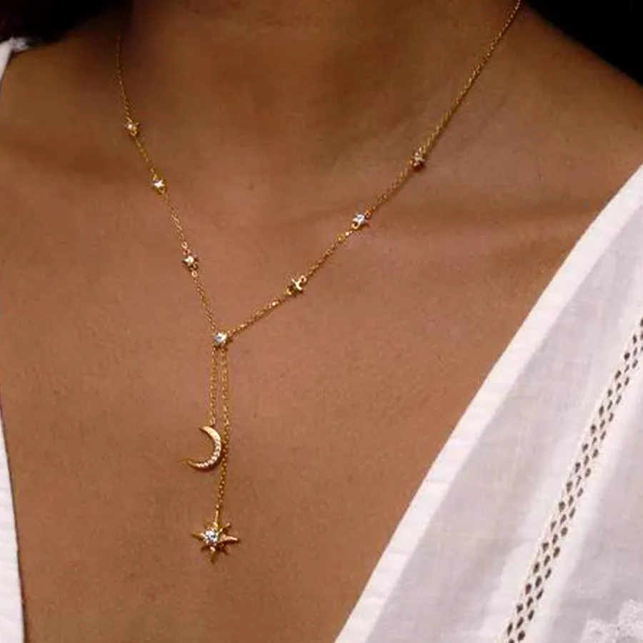 Authentic Iced Out Star Moon Midnight Pendant Necklace Gold Color Paved Tiny Sparking Shiny CZ Stone Charm Choker For Women Jewelry