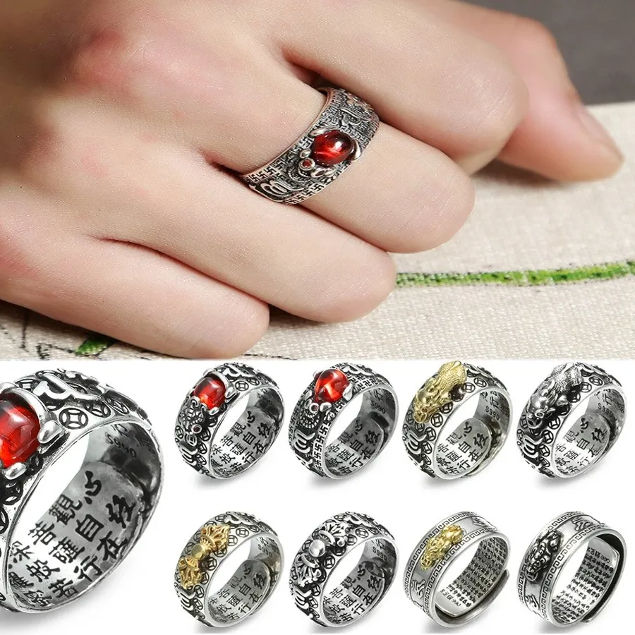 Authentic Chinese Feng Shui Pixiu Ring Silver Plated Coins Adjustable Rings Amulet Wealth Lucky Jewelry Birthday