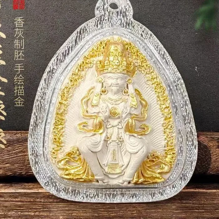 Authentic Gold-embellished incense ash with 3D hand-painted gold detailing, Thangka Gahu box, handmade acrylic necklace pendant accessory