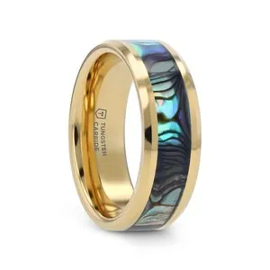 Authentic Shoreline Serenity: Gold‑Plated Tungsten Band Adorned with Mother‑of‑Pearl Veil