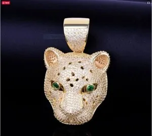 Authentic 3.8Ct Round Moissanite Pave Animal Leopard Head Pendant 14k Yellow Gold Plated